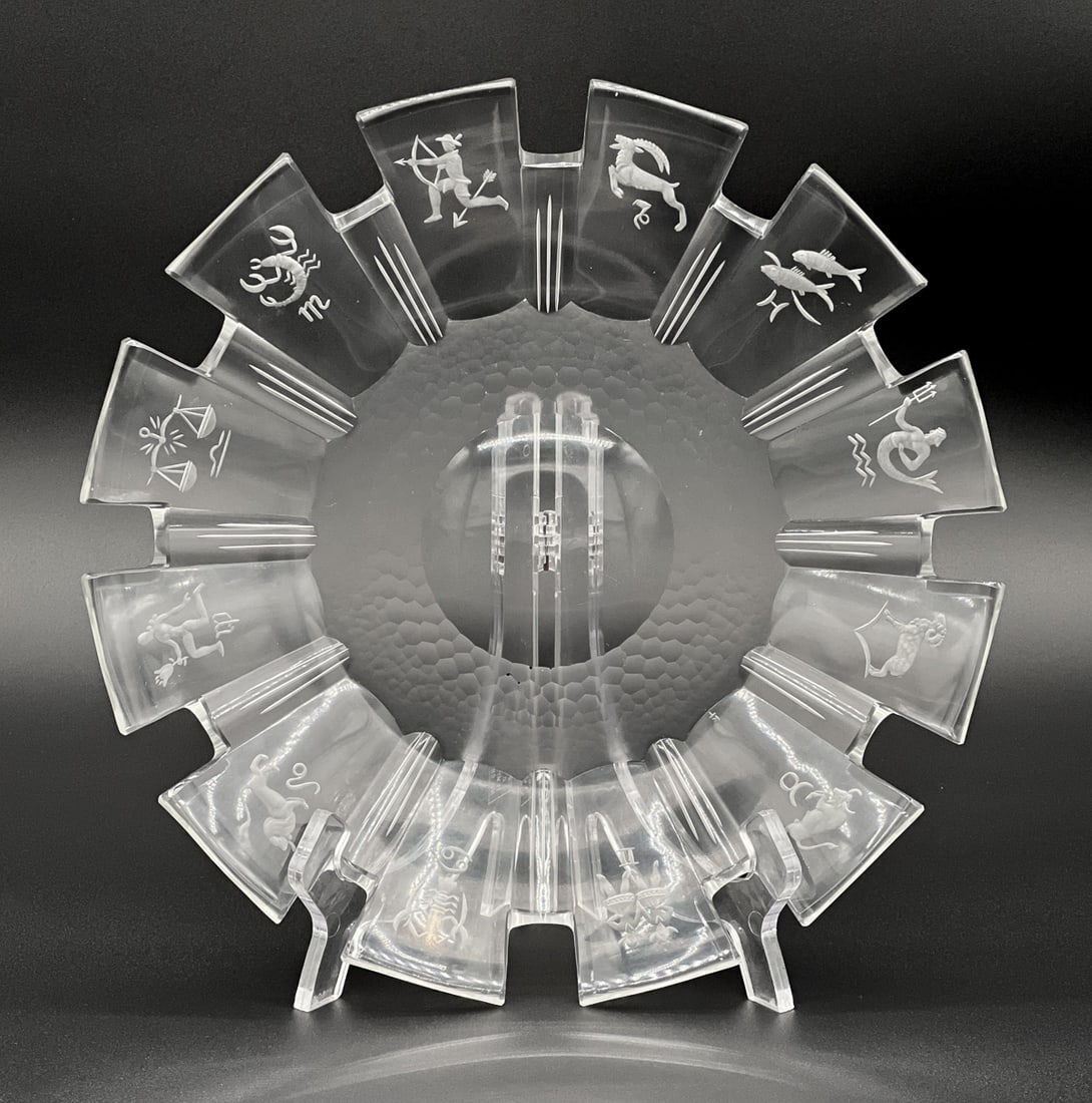Modern Glass Zodiac Plate: 20th Century, Initial K.T. Intaglio Etched Glass, Diameter 10.5 Inches. See Photos For Additional Condition Information.