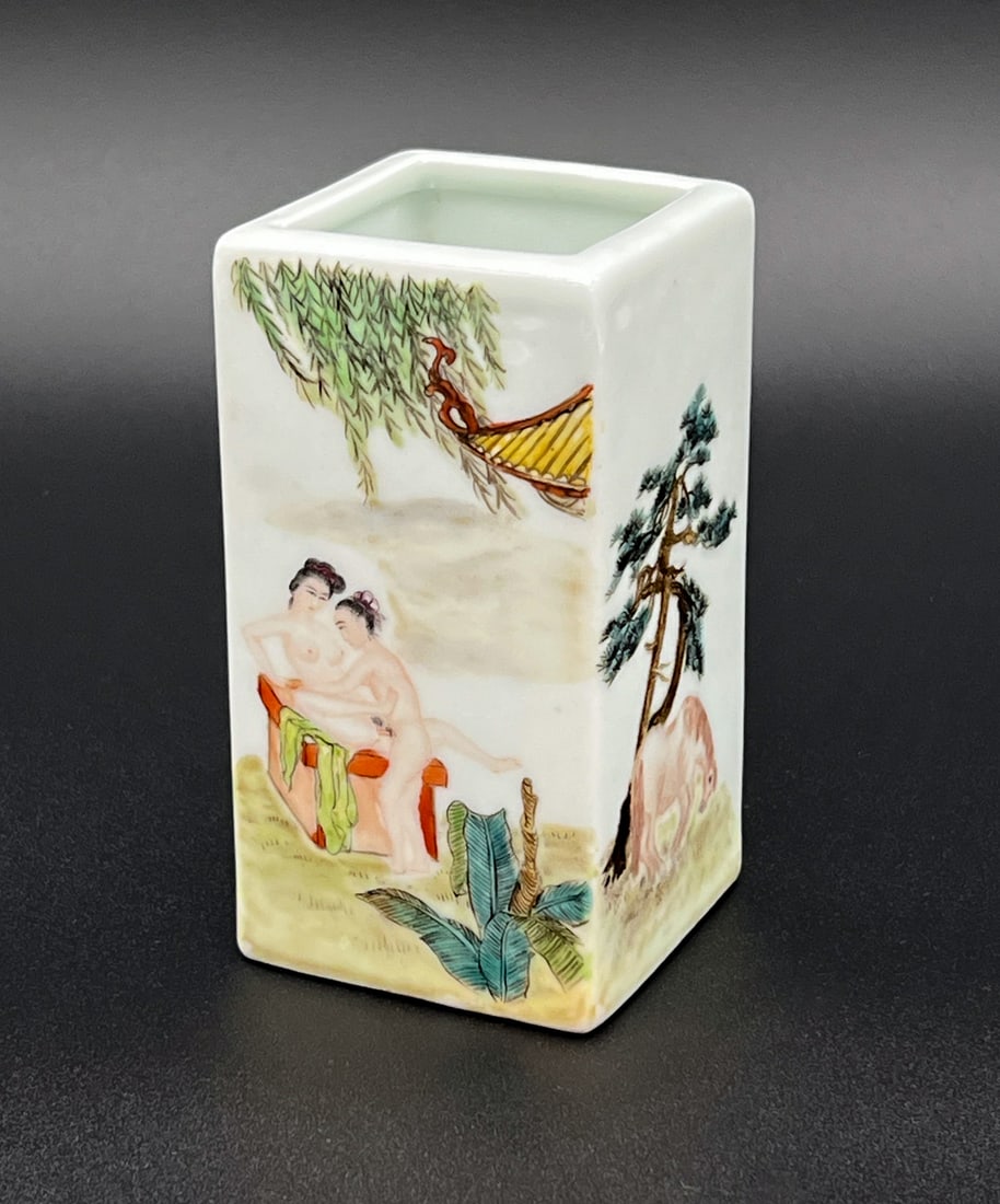 Erotic Famille Rose Porcelain Brush Pot: Chinese, Early 20th Century, Square Form, With Open And Two Scenes With Lovers, Height 5, Width 2.5,depth 2.5 Inches. See Photos For Additional Condition Information.