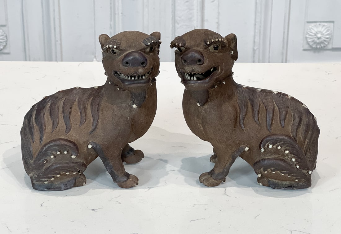 Pair Meiji Bizen Pottery Shishi Foo Dogs: Japanese, 19th Century, Each Seated With Turned Head, 6 X 4 X 5.5 Inches, Loss To Some Teeth As Evident In Photos.