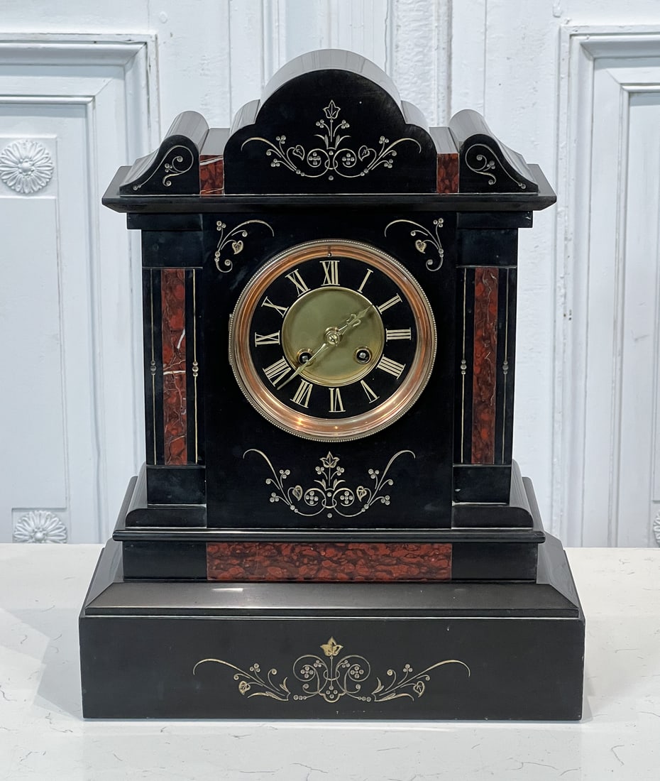 Black Schist And Rouge Marble Mantel Clock: French, Late 19th Century, Incised Gilt Decoration, Strike Movement With Bell Mechanism With Pendulum Regulator, Height 17, Width 13, Depth 6 Inches, Key Present, Clockworks Intact But Function Not Gu