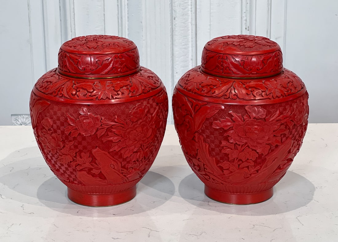 Pair Chinese Red Lacquer Jars (1 of 8)