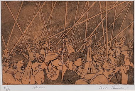 African American Protest Print, Mid 20th Century: Men With Staffs In A Strike March, Engraving On Paper, Edition 19/30, Titled Strikers And Signed Hilda Beuralen Lower Margin, Manasek San Francisco Gallery Label Verso, Sight 8 X 11 Inches, Matted And