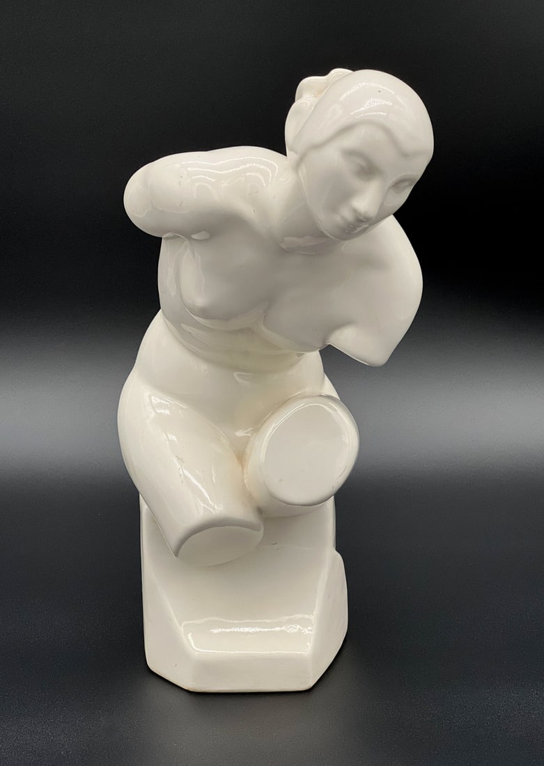 Art Deco Exhibition Ceramic Female Nude: American, Circa 1935, White Glaze, Seated Pose, Truncated Limbs, Typed Label Reads The Duplicate Of This Piece Was Selected From The Fifth National Ceramic Exhibition Held In Syracuse Museum 1936 To B