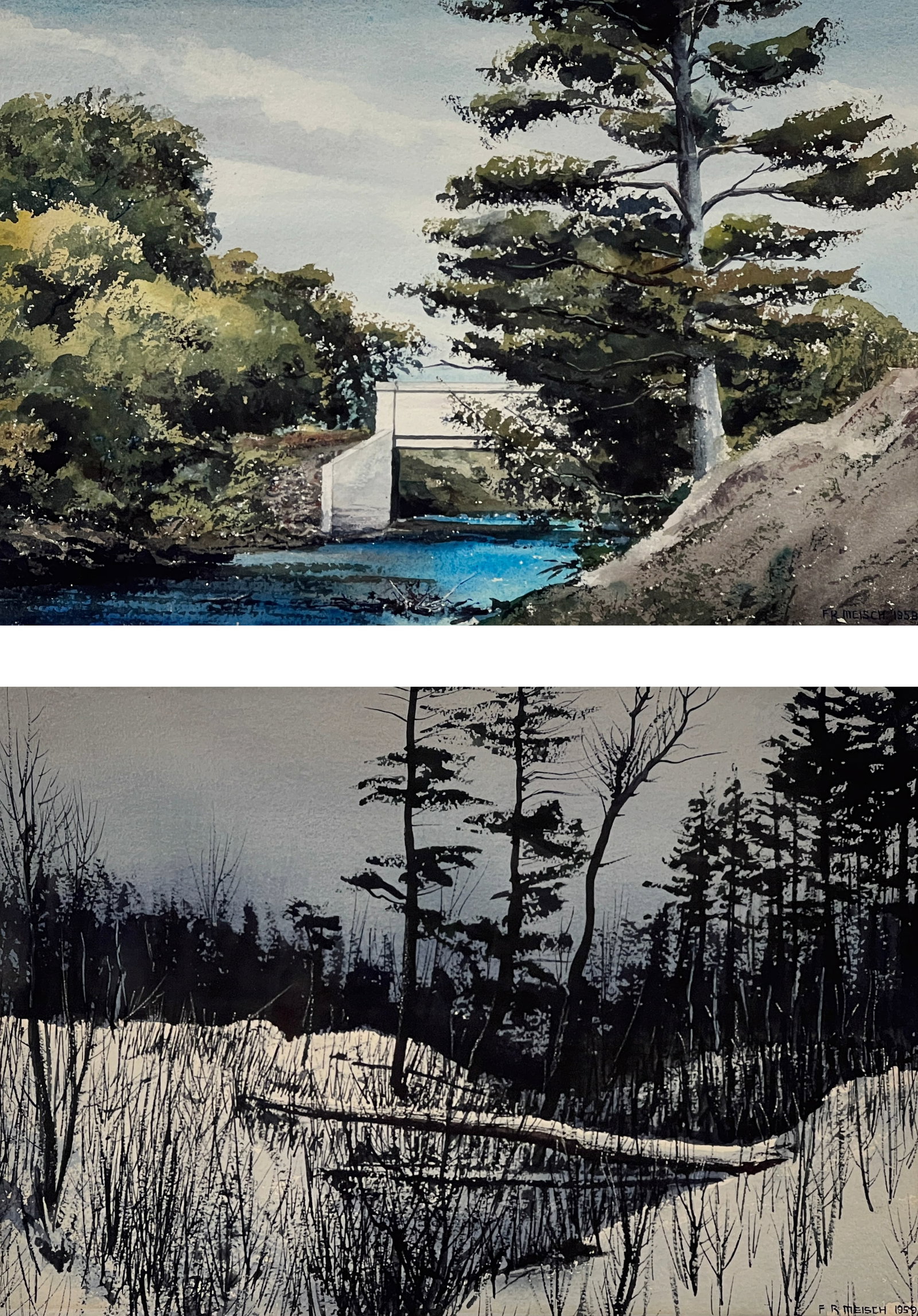 Francis Meisch, American, 1915-1998: Two Minnesota Landscapes, Snow In A Winter Forest, A Bridge In Summer, Two Watercolors On Paper, Both Signed And Dated 1958 And 1959, Respectively. Sight 13 X 20 Inches, Each Matted And Framed Under G
