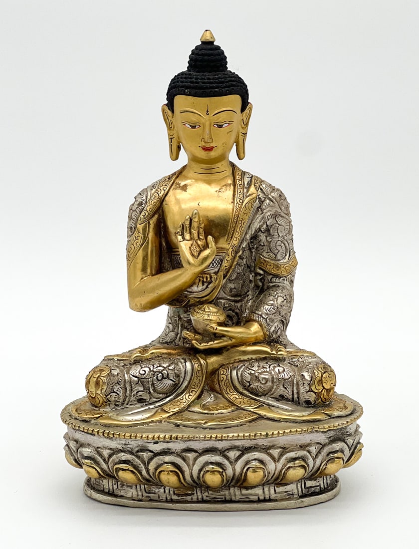 Painted And Gilt Shakyamuni Buddha: Nepalese, Late 20th Century, Silvered And Gilt Metal, Seated Pose, Height 8, Width 6, Depth 4 Inches. See Photos For Additional Condition Information.