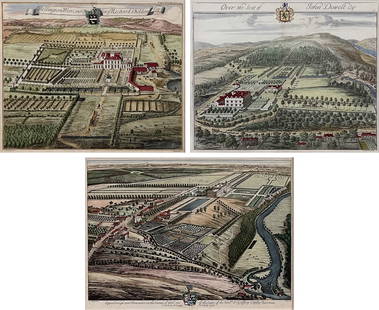 Johannes Kip, London Illustata Views: English, Circa 1707, Adington West Court Seat Of Richard Sheldon, Over The Seat Of John Dowell, And Sprotbourough Near Doncaster, Three Hand Colored Engravings On Laid Paper, Sights 15 X 17 Inches, Al