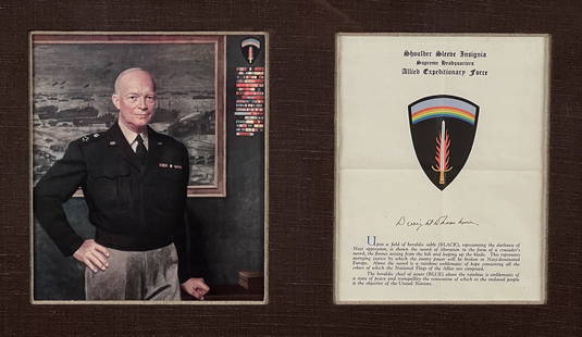 Dwight Eisenhower Signature: Mid 20th Century, On World War II Shoulder Sleeve Insignia Document Sight 9 X 7.5 Inches, With Offset Lithograph Portrait In Oak Wood Frame 16 X 24 X 1.5 Inches, Provenance: Quill & Pen Gallery By Rep