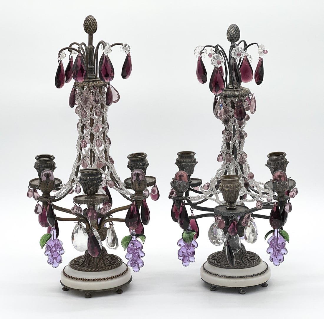 Pair Italian Glass And Bronze Candelabra: Mid 20th Century, Each With Amethyst Colored Prisms And Purple Grape Glass Pendants On Four Light Stands With Carrara Marble Bases, Height 15, Diameter 9 Inches, Surface Oxidized. See Photos For Addit