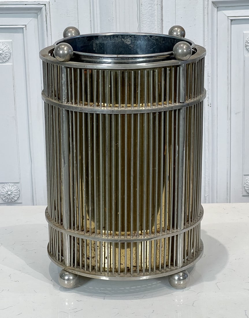 Mid Century Modern Chromed Steel Jardiniere: Late 20th Century, Drum Form With Spheres And Rod Supports, Height 17, Diameter 12 Inches. From The Collection Of Loyd Taylor, Loyd-Paxton, Inc. See Photos For Additional Condition Information.