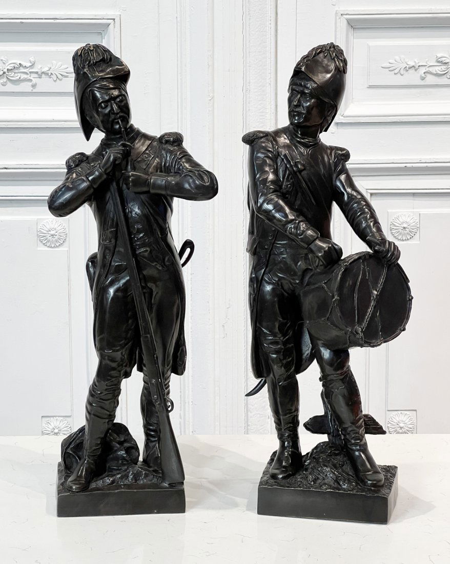 Grenadier and Drummer Bronze Pair: 20th Century, After Etiene Henrietta Dumaige, Each French Soldier Standing With Rifle and Drum, Respectively. Signed On Plinth Bases, Each Height 25.5 Inches. See Photos For Additional Condition Infor