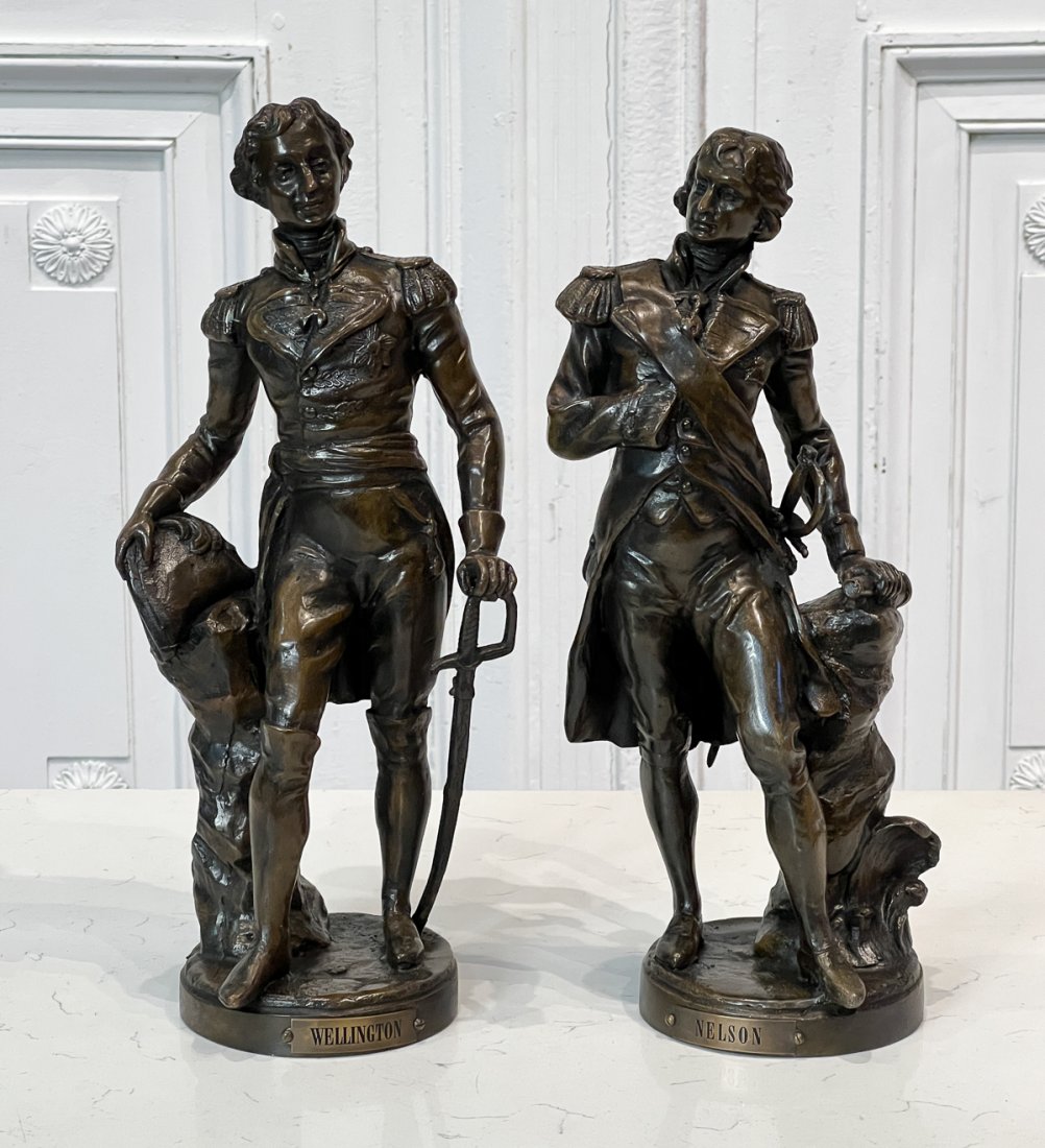 Wellington and Nelson Pair of Bronze Soldiers: 20th Century, After Sylvain Kinsberger, Each Standing Pose, Height 15 Inches. See Photos For Additional Condition Information.