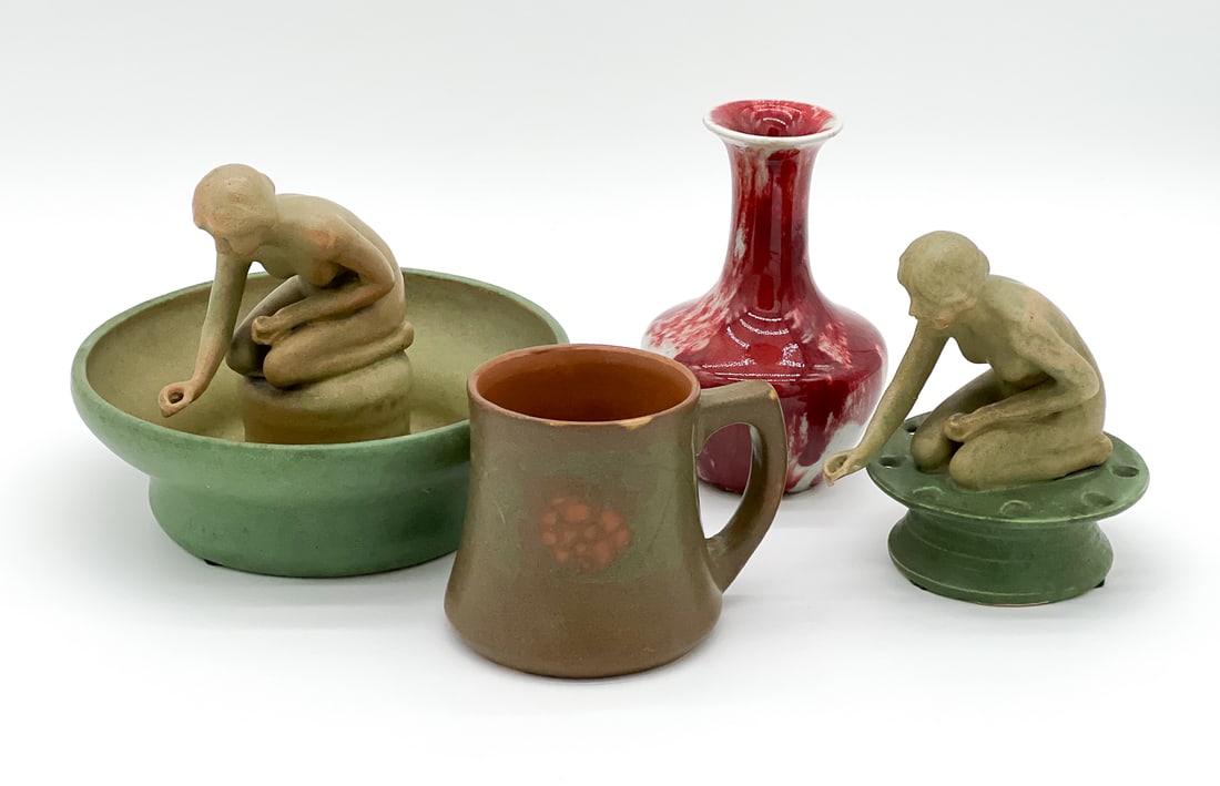 Four Walrath Art Pottery Items: American, New York, Figural Nude Maiden Flower Bowl And Flower Frog, Pine Cone Handled Mug, Flambe Glaze Vas, All With Incised Mark Underside, Largest Height Diameter 7, Repair To Frog Figure Arm. See