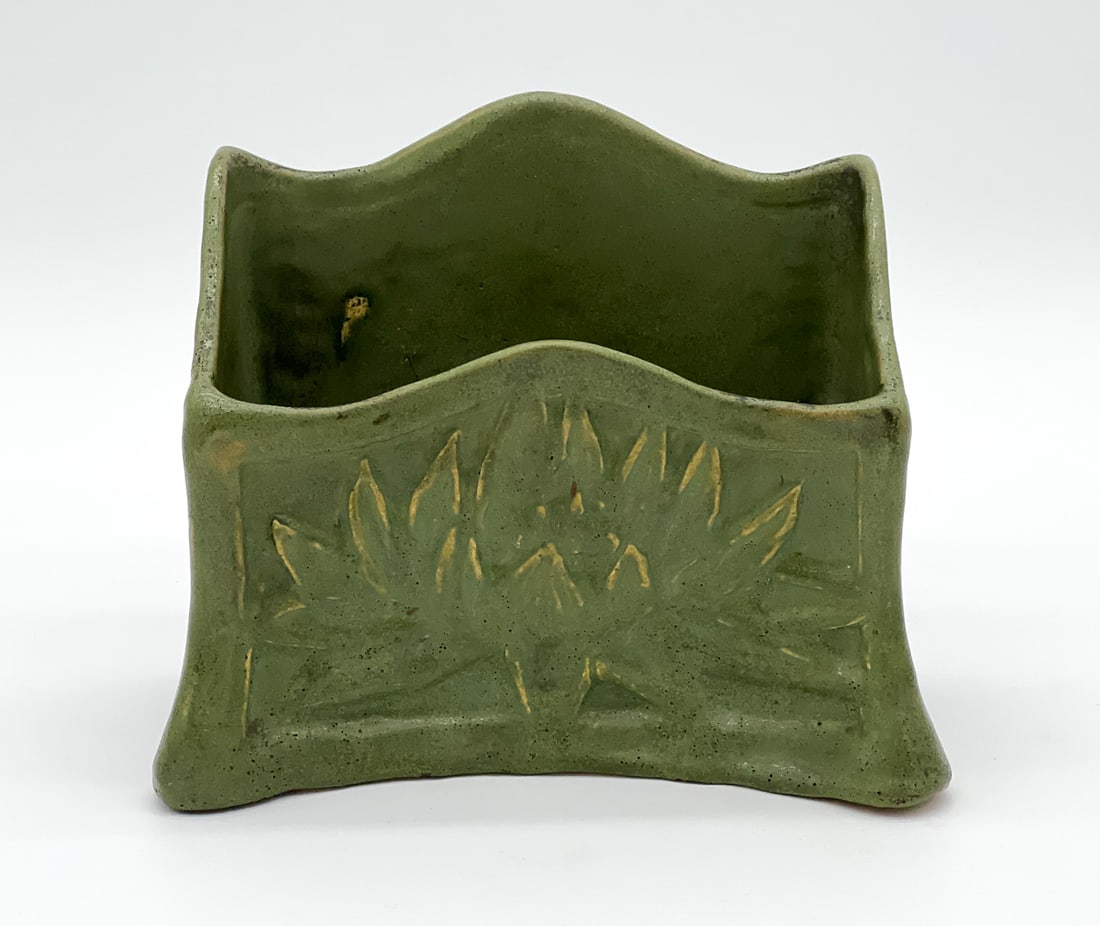 American Art Pottery Letter Pocket: Possibly Harriet Joor, Louisiana, Carved With A Water Lily, Green Glaze, Initial HJ Underside, 6.5 X 7 X 4 Inches, Glaze Pops Throughout, Small Glaze Flaws Inside. See Photos For Additional Condition