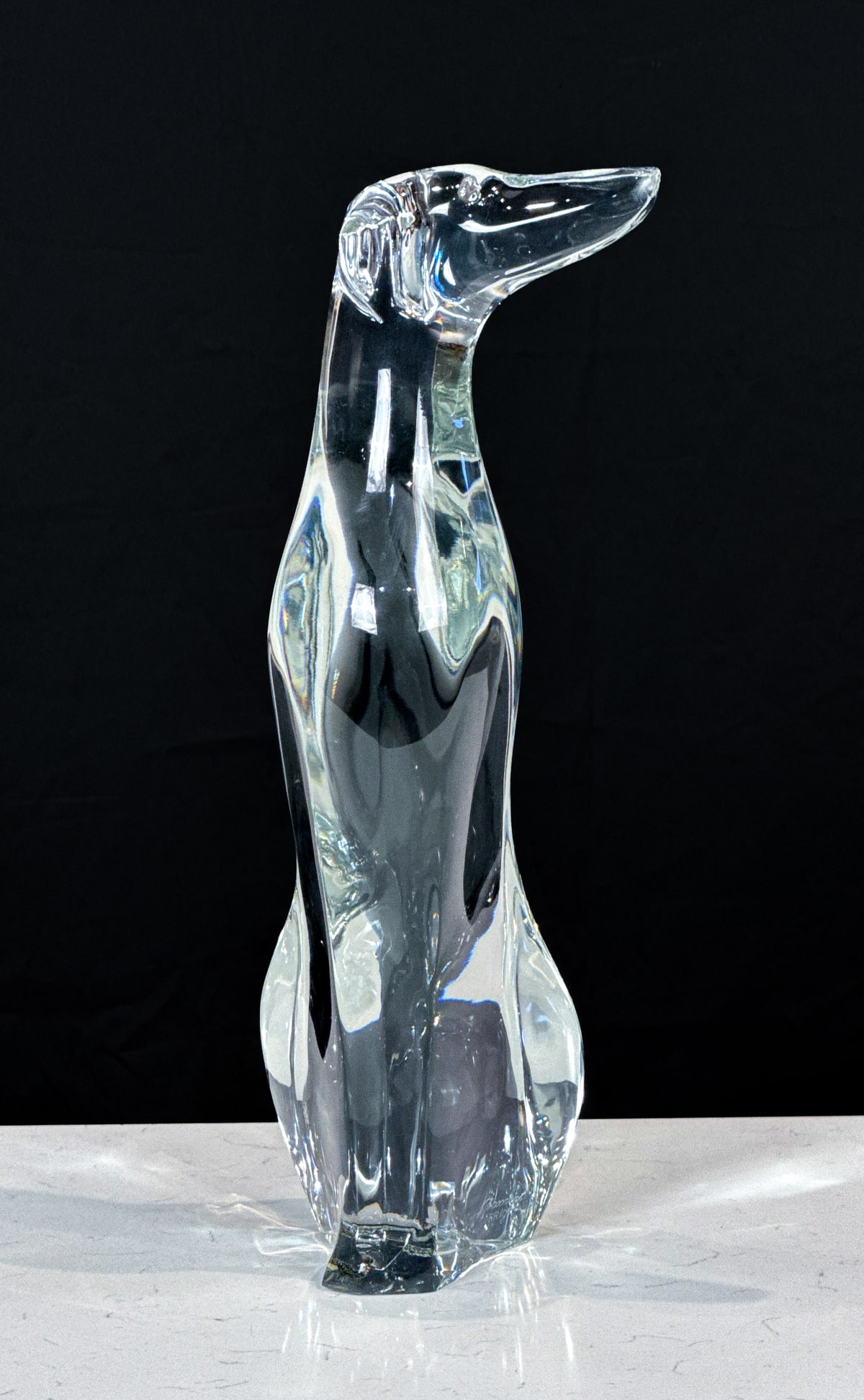 Large Baccarat Rigot Greyhound Glass Sculpture: Robert Rigot, French, 1929-2023, Dog Posed Seated And Looking Left, Signed Baccarat R Rigot Lower Front, Circular Mark Underside, 21 X 6 X 5 Inches, Shelf Wear Underside. See Photos For Additional Con