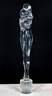 Large Pino Signoretto Murano Glass Sculpture: Italian, Artist Born 1944, Clear Glass Figure Of An Embracing Couple On Drum Form Base, Signed, Height 41, Diameter 6 Inches. See Photos For Additional Condition Information.