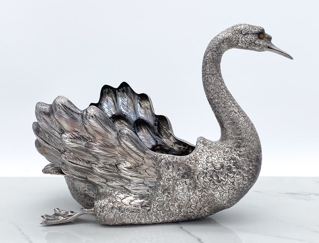 Gianmaria Buccellati Sterling Silver Swan Vessel: Use As A Wine Chiller Or Centerpiece. Sculpted Sterling Silver Swan With Tiger Eye Cabochon Eyes. Marked Buccellati Sterling Italy, With Assay Mark Star And 763 MI. 925. 9.5h X 7 Wide X 13 Deep. 1362.