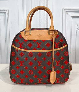 Louis Vuitton Tuffetage Deauville Cube Bag: Pre-Fall 2013. Limited Edition Rouge Velveteen Monogram Over Louis Vuitton's Signature Monogram Canvas. Clochette And Keys Attached. Overall Clean And Very Few Signs Of Use As Evident In Photos. Some