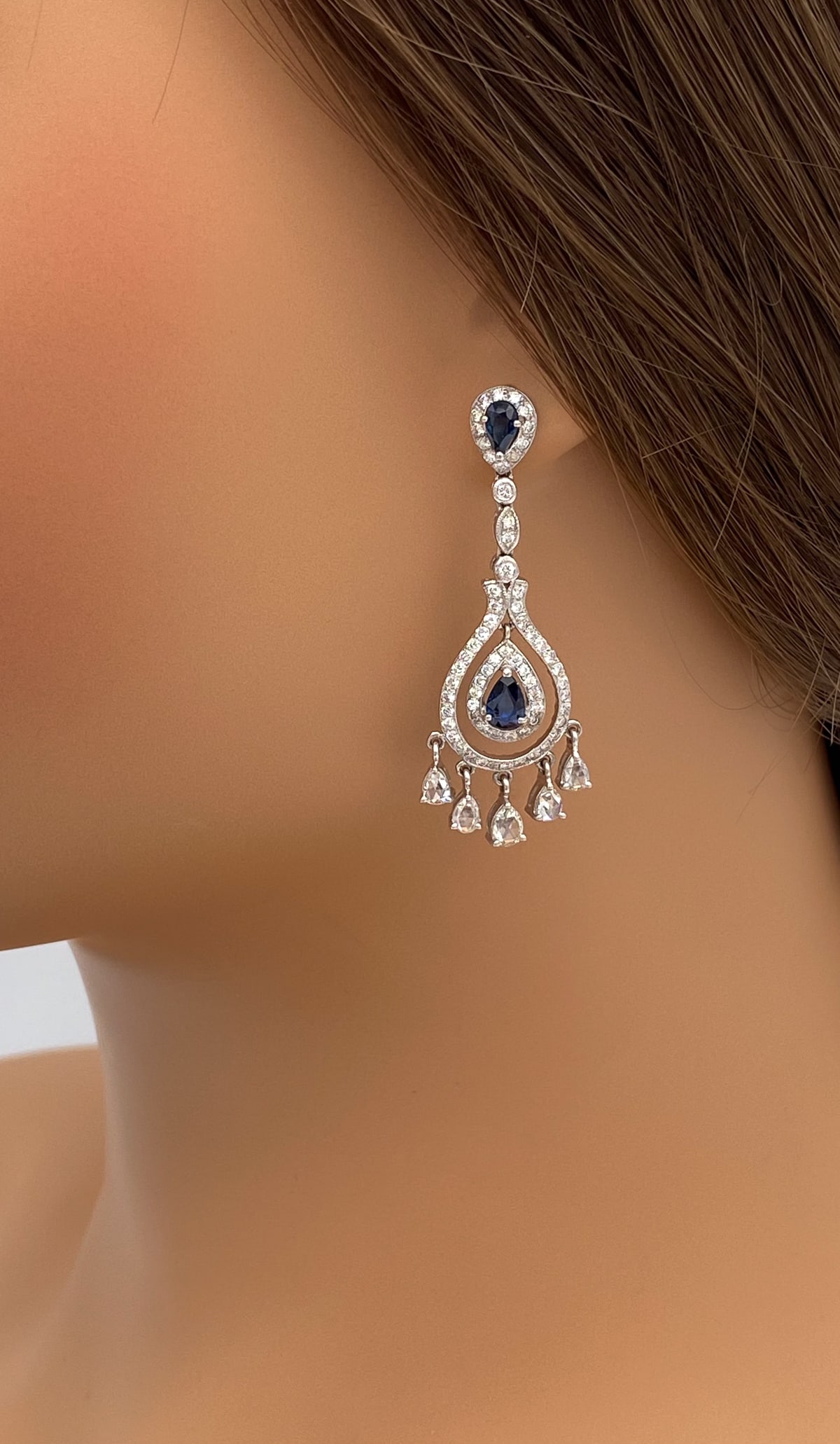 Sapphire And Diamond Chandelier Earrings, 18k White Gold: Sapphire And Diamond Antique Style Earrings In 18k White Gold Featuring Sapphires And Diamonds. 1 7/8 Inches Long. 9.7g. See Photos For Additional Condition Information. Wire Transfer Or Cashier's Che