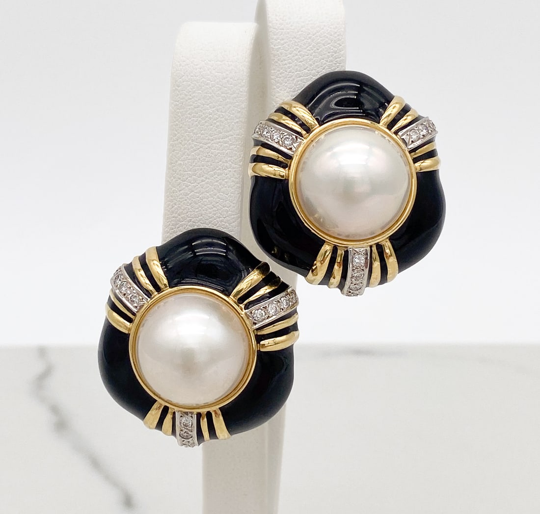 Pearl, Diamond, And Enamel Earrings, 14k Yellow Gold (1 of 3)