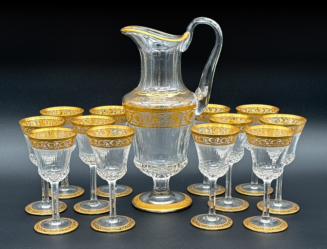 St. Louis Crystal Thistle Pitcher & Wine Glasses: St. Louis Crystal Thistle Pitcher & Wine Glasses, French, 20th Century, 12 Glasses And One Pitcher, Each With Circular Etched Mark Underside, Cut Lead Glass With Gilt Decoration, Pitcher Height 12 Inc