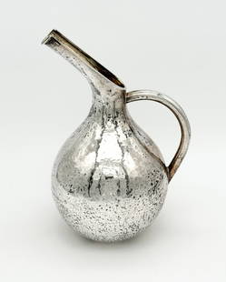 Lalaounis Modern Sterling Silver Pitcher: Ilias Lalaounis Modern Sterling Silver Pitcher, Italian, 20th Century, Lalaounis 925 And Cypher Stamped Underside, Hammered Body, Height 11 Inches, Weight 604.7 Grams, Light Surface Scratches,