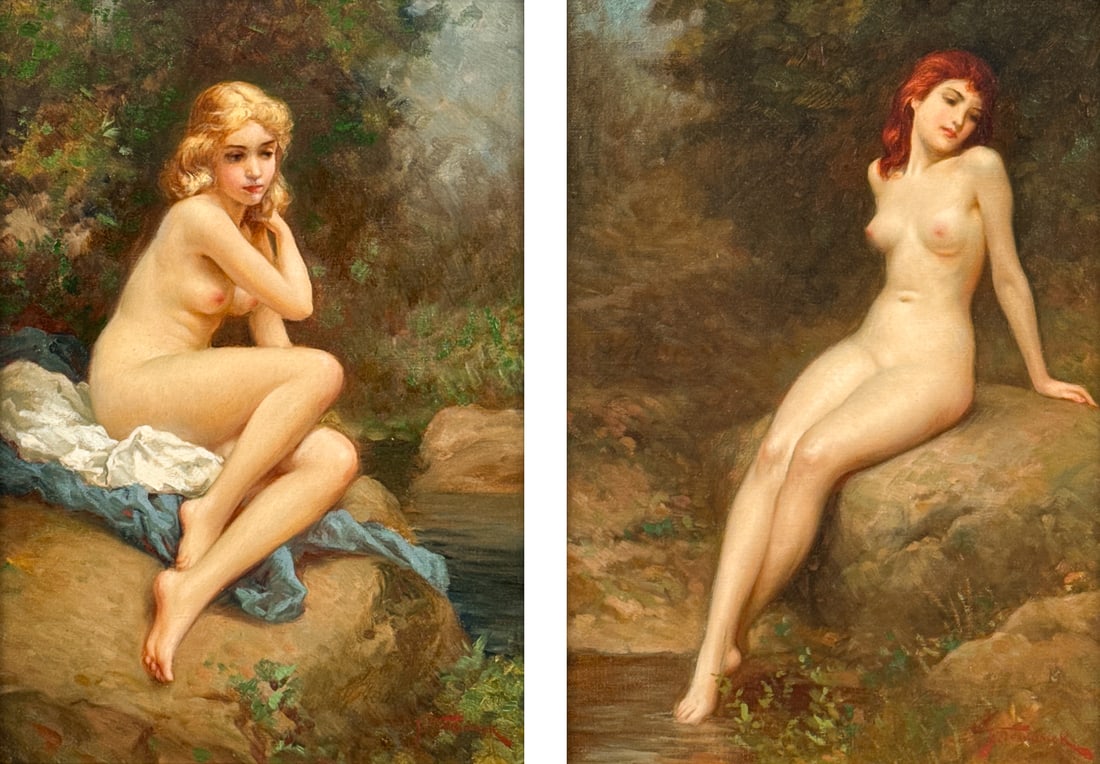 Joseph Tomanek, American, 1889-1974: Joseph Tomanek, American, 1889-1974, Two Nude Bathing Beauties, Two Oil On Canvas Paintings, Each Signed Lower Right, Inscribed Property Of P K Forney On Stretcher And Partial Ft. Worth, Texas Gallery