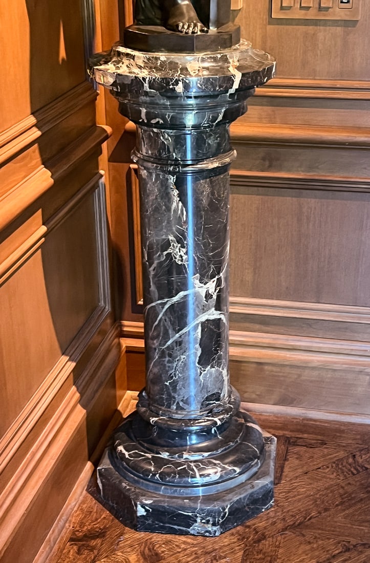 Antique Ardennes Grey Marble Pedestal: Antique Ardennes Grey Marble Pedestal, French Or Belgian, Late 19th-early 20th Century, Stepped Circular Top, Doric Style, Column, Octagonal Plinth, Height 43, Diameter 18 Inches, Center Of Top Drille