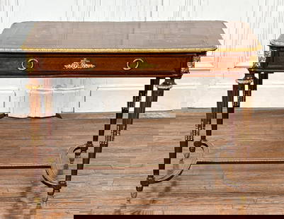 Maison Forest - J. Bezier Bureau Plat: Maison Forest - J. Bezier Bureau Plat, French, 19th Century, Gilt Bronze Mounted Inlaid Mahogany Writing Desk In The Louis XVI Style, Labeled In Drawer, Fluted Tapering Legs With Stretcher, 30 X 42 X