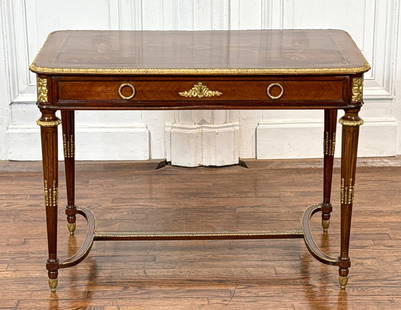 Maison Forest - J. Bezier Bureau Plat: Maison Forest - J. Bezier Bureau Plat, French, 19th Century, Gilt Bronze Mounted Inlaid Mahogany Writing Desk In The Louis XVI Style, Labeled In Drawer, Fluted Tapering Legs With Stretcher, 30 X 42 X