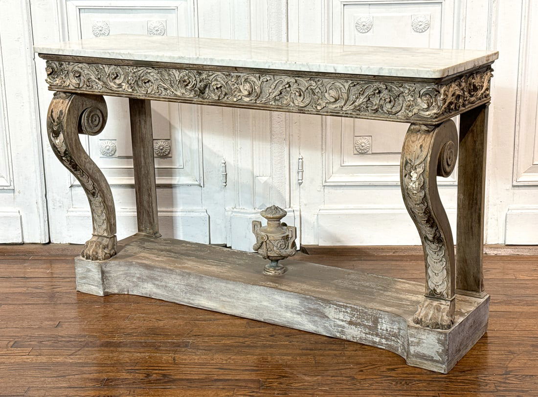 Large Whitewash Carved Wood Console Table (1 of 10)