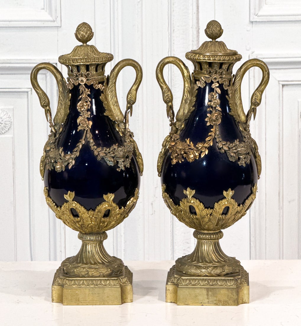 Near Pair French Gilt Bronze Cobalt Porcelain Urns (1 of 8)