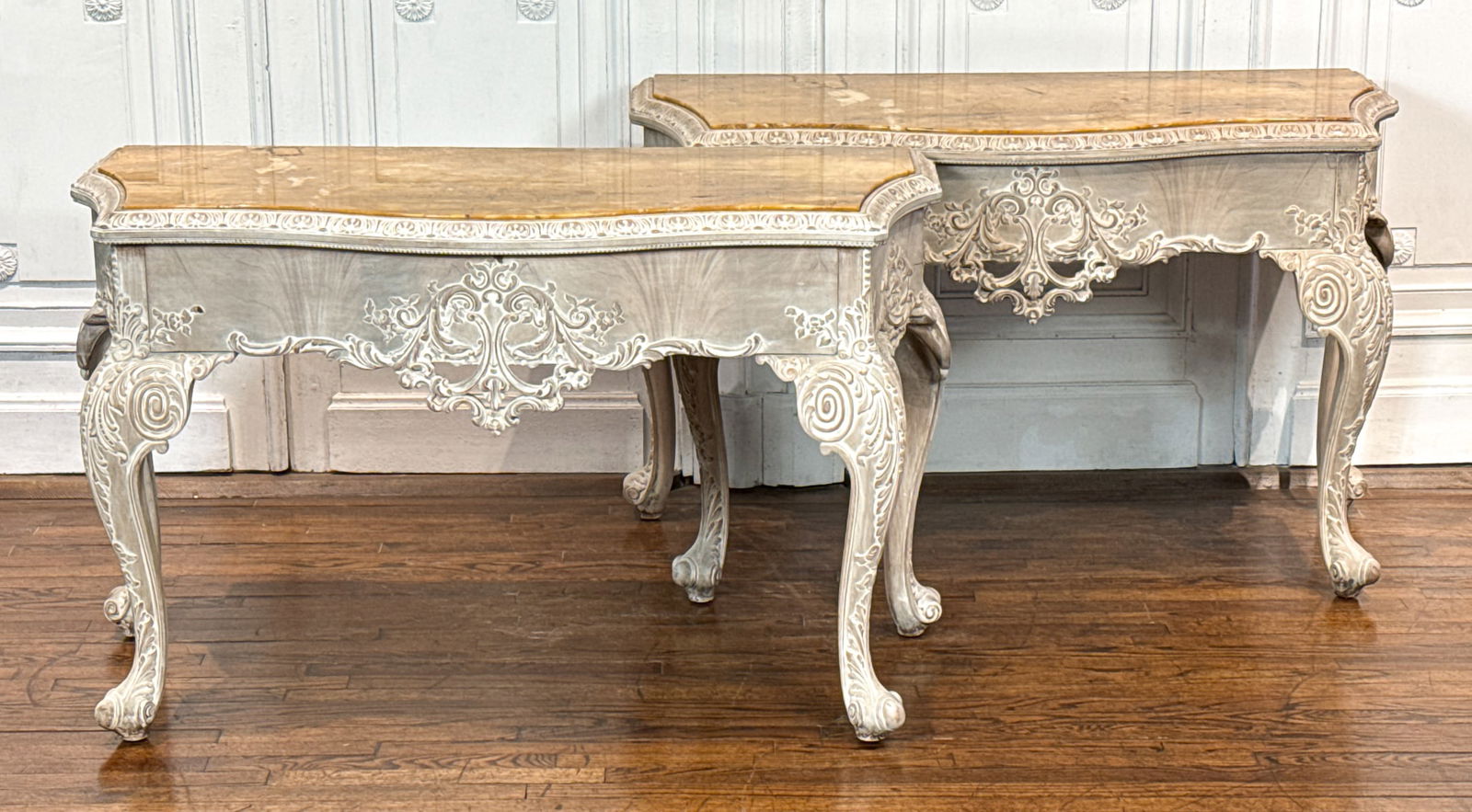 Pair Georgian Style Whitewash Console Tables: Pair Georgian Style Whitewash Console Tables, English, Mid 19th Century, Each With Sienna Marble Top, Carved Mahogany Base With Serpentine Skirt, Cabriole Legs, Scroll Feet, 33 X 54 X 24 Inches, Repai