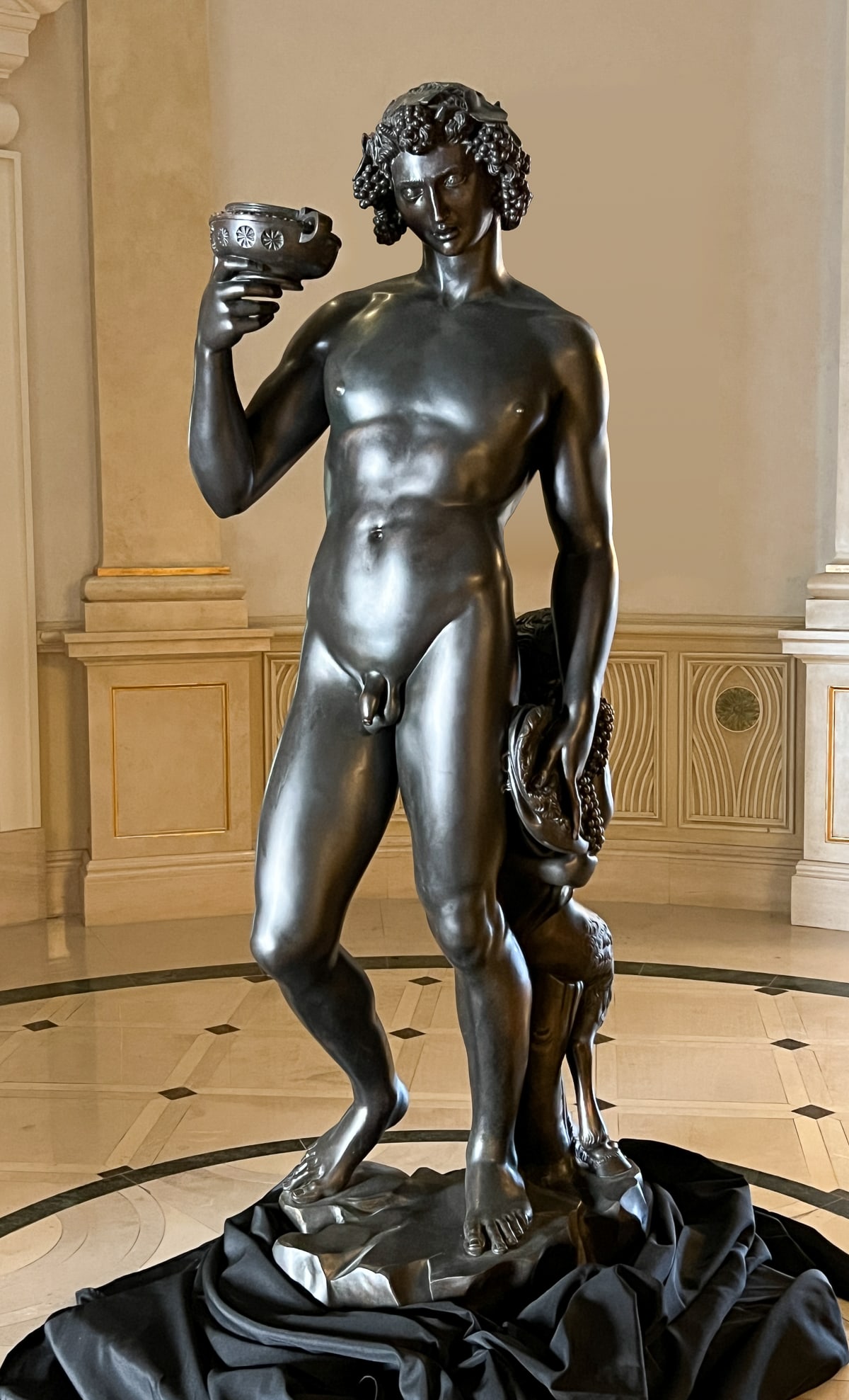 Large Marcenelli Bacchus Bronze: Large Marcenelli Bacchus Bronze, Italian, Early 21st Century, Standing Nude Bacchus With Faun After Michelangelo, Attractive Brown Patina With Rubbed Highlights, Base Marked Fuse - Fernando Marcenelli