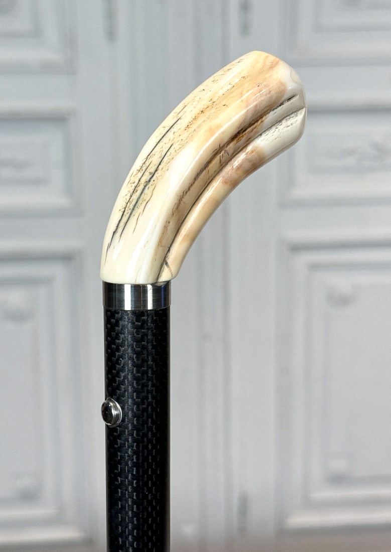 Warthog Tusk Burger Sword Cane Walking Stick: Warthog Tusk Burger Sword Cane Walking Stick, Late 20th-early 21st Century, Mk3 Or Mk4 Model, Titanium Ferrule And Collars, Damascus Steel Blade, Carbon Composite Shaft, Marked On Collar And Tang, Bla