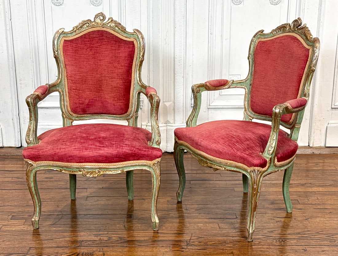 Pair Italian Painted And Silvered Armchairs: Pair Italian Painted And Silvered Armchairs, 19th Century, Rococo Taste, Each With Rocaille Crest, Shield Backs, Padded Arms, Serpentine Seats, Cabriole Legs, Old Red Silk Velvet Upholstery, Height 37
