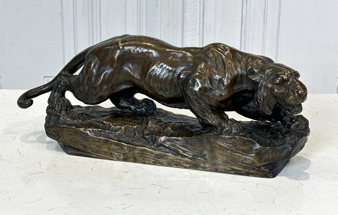 Otto Jarl, Swedish, 1856-1915: Otto Jarl, Swedish, 1856-1915, Crouching Tiger, Bronze, Signed And Localized Wien, On Rockwork Base 7 X 18 X 5.5 Inches. See Photos For Additional Condition Information.