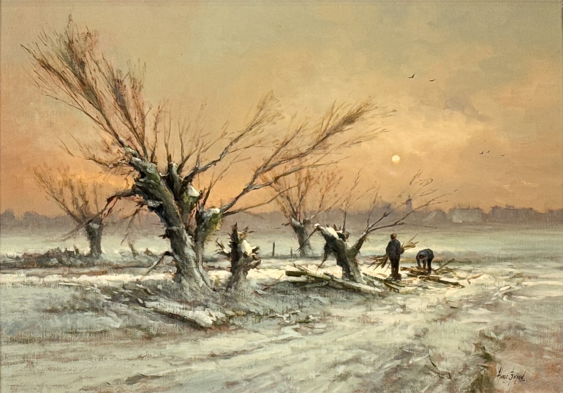Andre Baylon, Dutch, Born 1951: Andre Baylon, Dutch, Born 1951, Gathering Firewood On A Snowy Evening, Oil On Canvas, Signed Lower Right, Signed And Titled Verso, 14 X 20 Inches, Giltwood Frame 24 X 29.5 X 1.75 Inches, Paint Surface