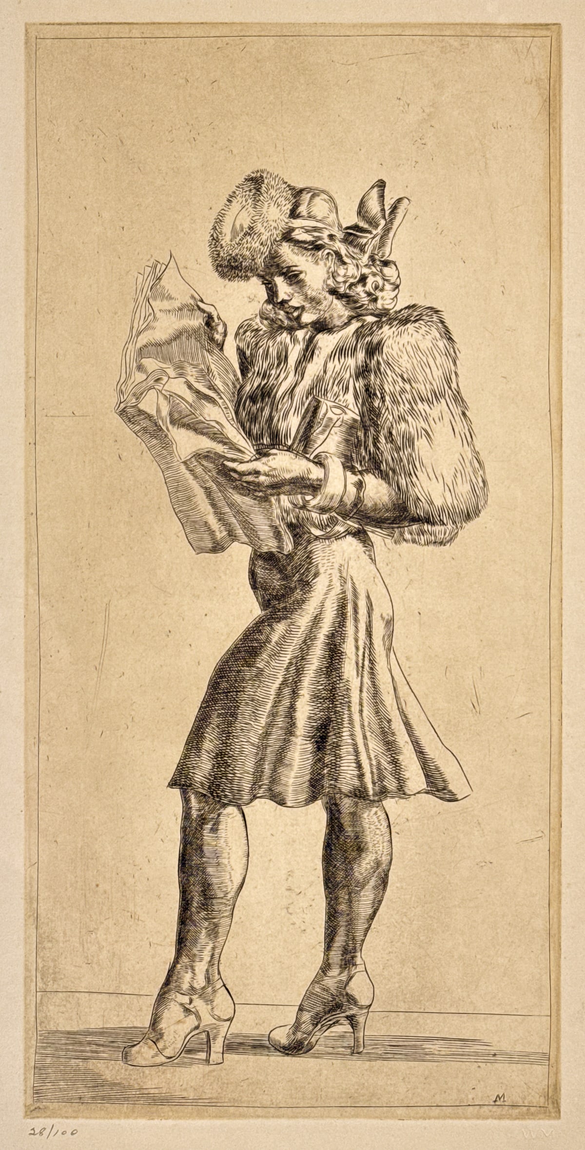 Reginald Marsh, American, 1898-1954: Reginald Marsh, American, 1898-1954, Girl In Fur Jacket Reading A Tabloid, 1940, Etching On Paper, Pencil Edition 28/100 Lower Left, Initialed In Plate, Sasowsky, 205, Image 12 X 5.75 Inches, Gilt Fra