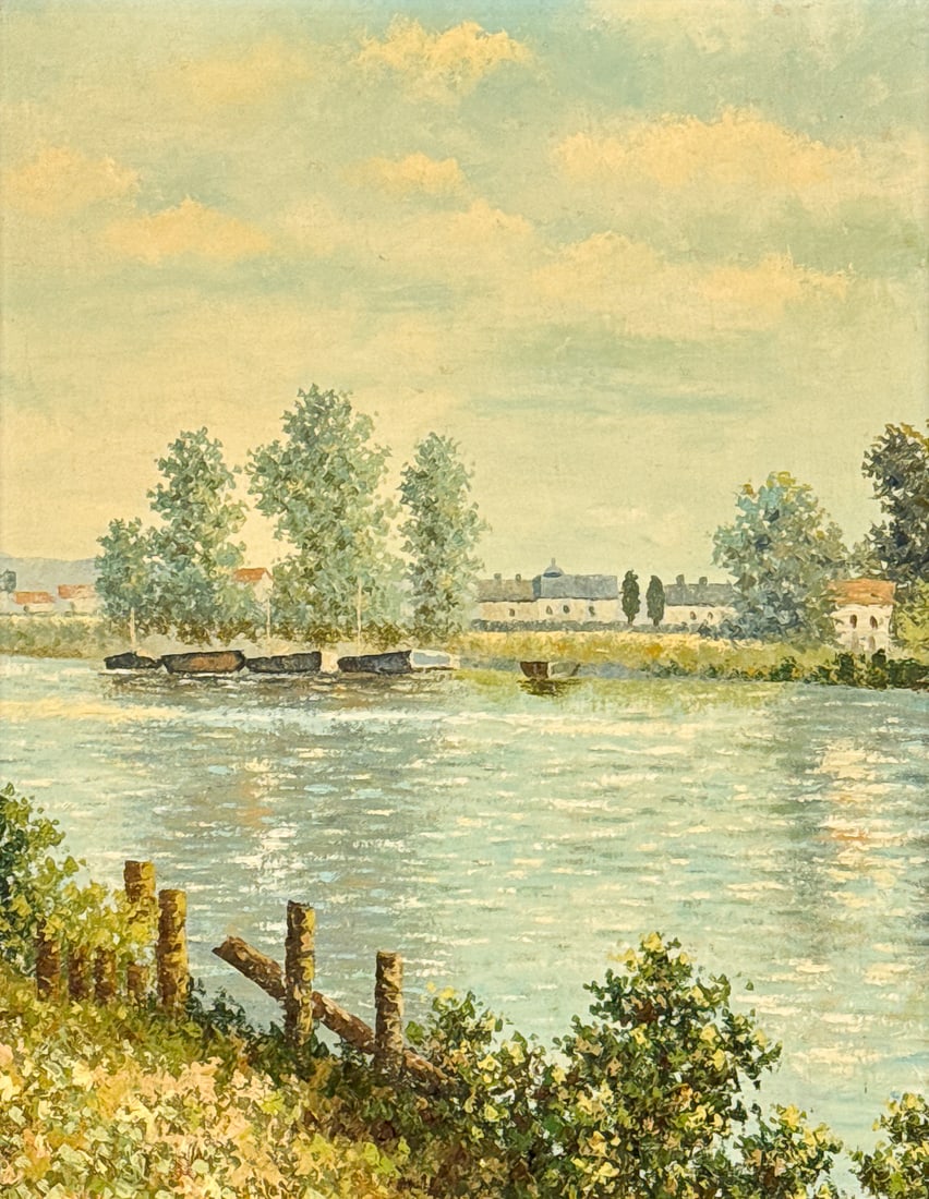 Emanuel Matthews, American, 20th Century: Emanuel Matthews, American, 20th Century, Boats Docked On A River, Oil On Canvas, Artist Label Verso, 20 X 16 Inches, Giltwood Frame 27 X 23 X 2 Inches, Discoloration To Varnish Layer And Linen Fillet