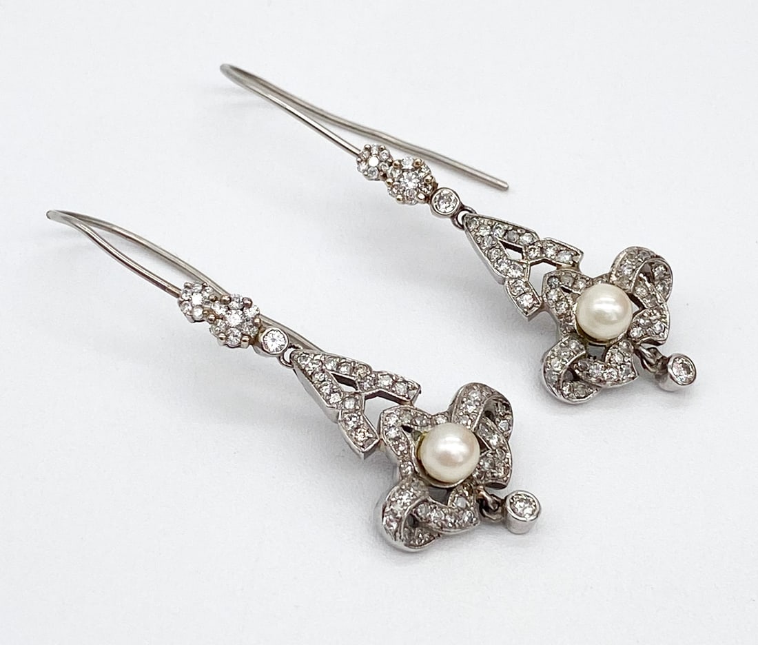 Pearl And Diamond Dangle Earrings, 14k Wg: Pearl And Diamond Dangle Earrings, 14k Wg, Approximately 1.5ctw Diamonds And 5.2mm Cultured Freshwater Pearls Comprise These Victorian Style Dangle Earrings. One Fish Hook Slightly Bent. Approximately