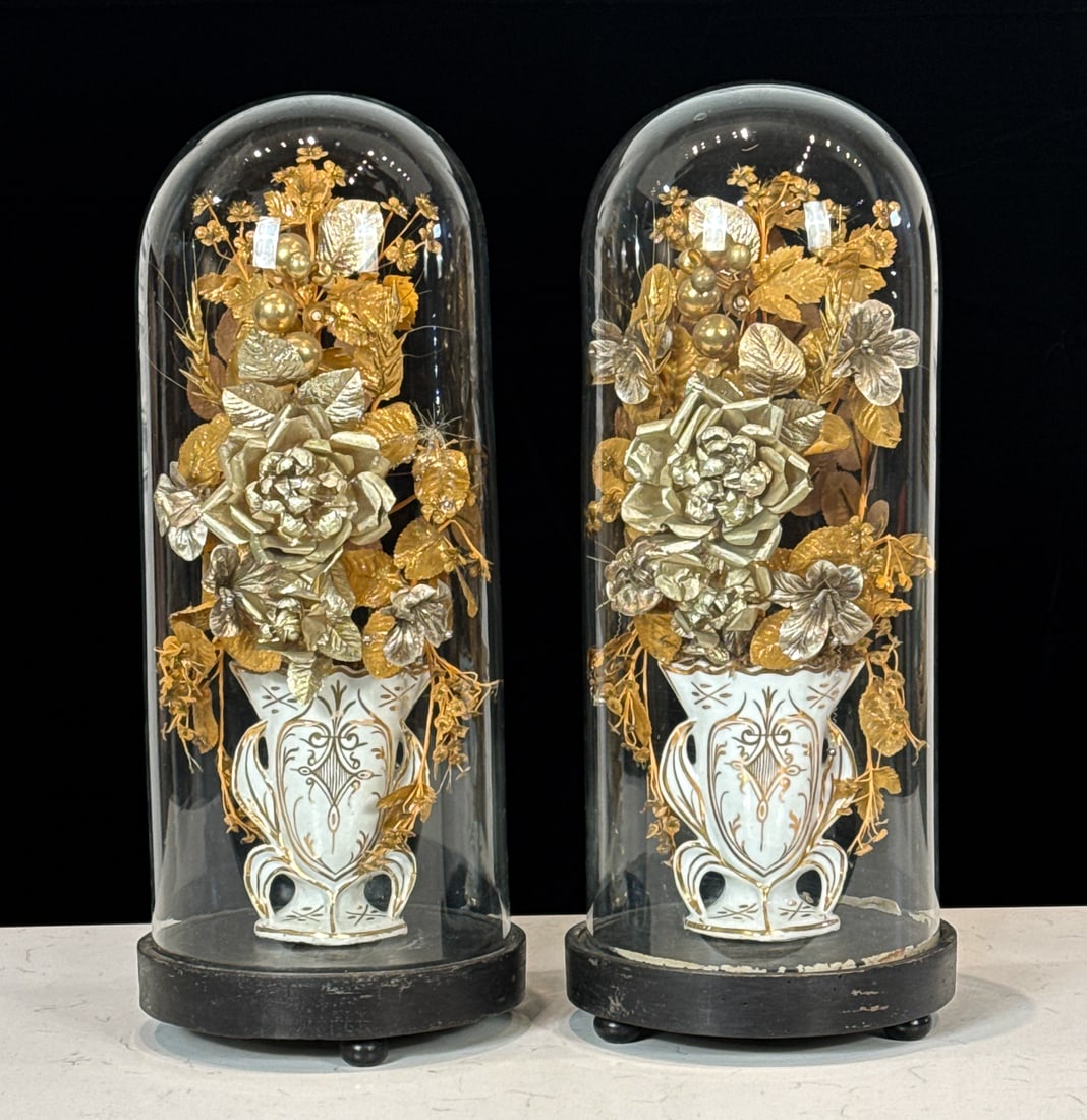 Pair French Glass Domed Wire Flowers (1 of 7)