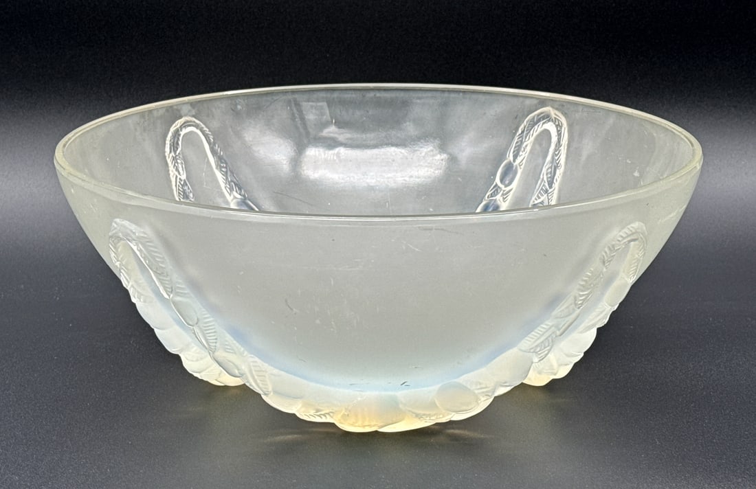 Rene Lalique Villeneuve Glass Bowl: Rene Lalique Villeneuve Glass Bowl, French, After 1928, Cast R Lalique France On Side, Frosted And Opalescent Glass, Height 4.5, Diameter 12 Inches, Light Scratches Throughout, See Photos.