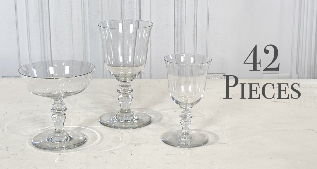 Forty-Two Baccarat Provenance Glass Stems: Forty-Two Baccarat Provenance Glass Stems, French 20th Century, Comprising Eighteen Port Wine Glasses Height 6.5 Inches, Twelve Aperitifs Height 4.75 Inches, And Twelve Sherbet Coups Height 4.25 Inche