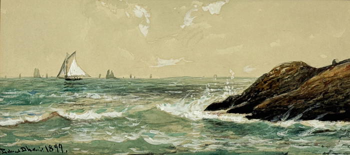 Edmund Darch Lewis, American, 1835-1910: Edmund Darch Lewis, American, 1835-1910, Sailboats And Rocky Shoreline, 1899, Watercolor And Gouache On Paper Board, Signed And Dated Lower Left, Sight 9 X 20 Inches, Frame Frame 19 X 30 X 1 Inches, T