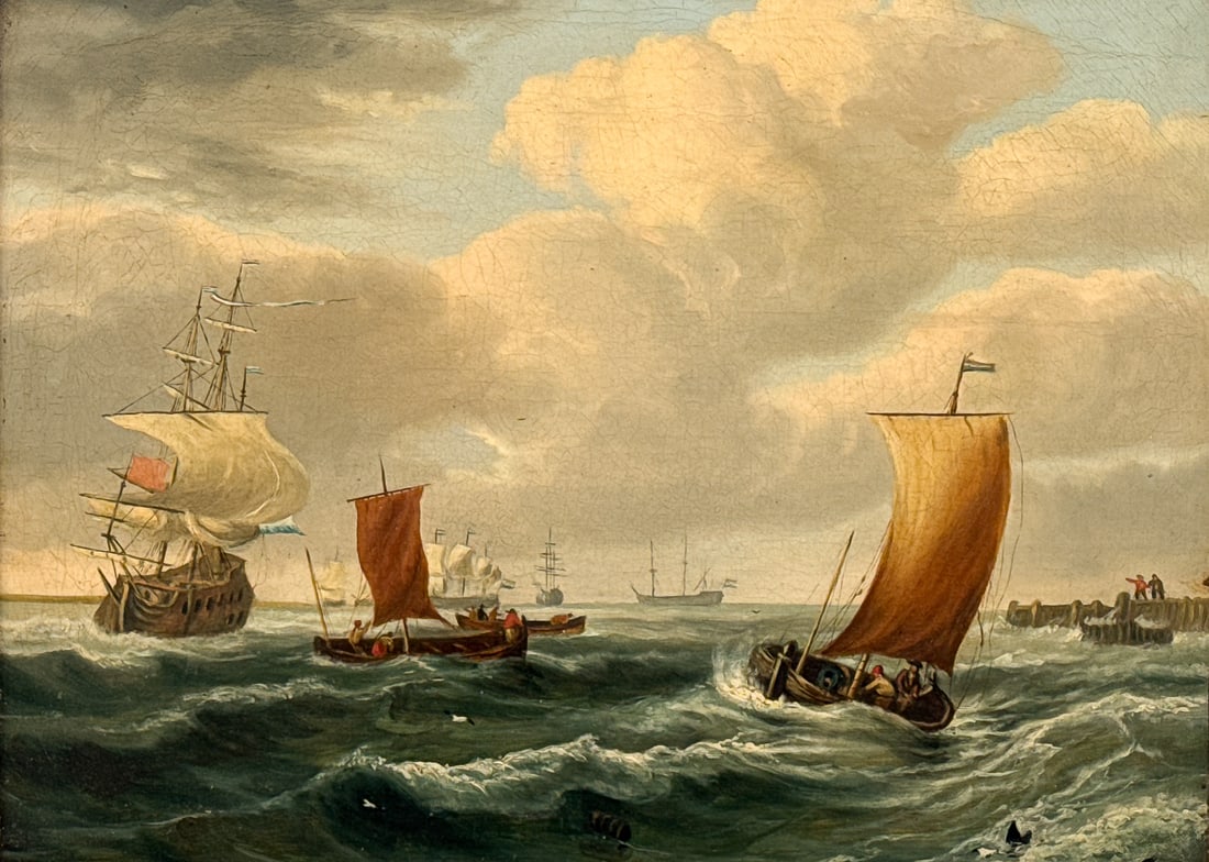 Attr Thomas Luny, British, 1759 - 1837: Attributed To Thomas Luny, British, 1759-1837, Marine Scene, Oil On Canvas Laid On Masonite, Unsigned, 14 X 17 Inches, Giltwood Frame 19 X 24 X 3 Inches, Discolored Varnish Layer, Scattered Craquelure