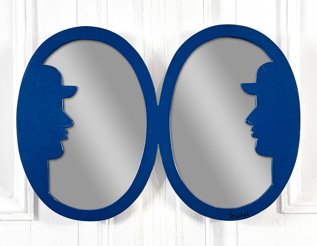 Yannis Gaitis, Greek, 1923-1984: Yannis Gaitis, Greek, 1923-1984, Silhouette Mirror, Circa 1980, Painted Wood, Signed Lower Right, 15 X 21.75 X 0.75 Inches, Small Edge Dents. See Photos For Additional Condition Information.