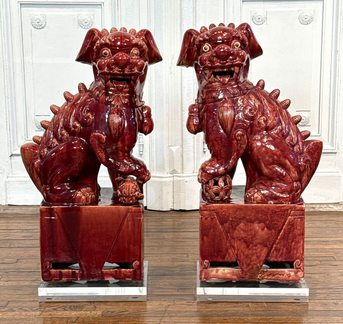 Pair Large Earthenware Ceramic Foo Lions (1 of 8)