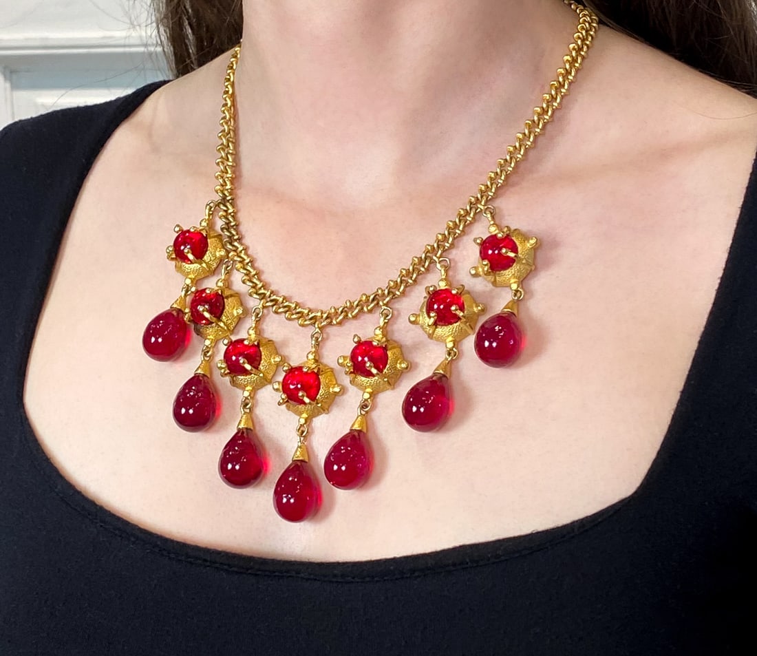 Possibly Chanel Gripoix Necklace: Possibly Chanel, Vintage Necklace With Red Poured Glass Teardrops And Gold Tone Chain. See Photos For Some Areas Of Oxidation. Retains Plastic Chanel Tag Numbered 2883. 18 Inches Long. Approximately 1
