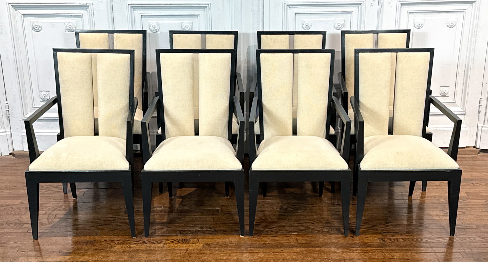 Eight Palm Beach Modern Armchairs: Eight Palm Beach Modern Armchairs, 21st Century, Black Painted Frames With Cream Velvet Upholstery, Each 38 X 22 X 21 Inches, Structurally Sound, Light Surface Scratches. See Photos For Additional Con