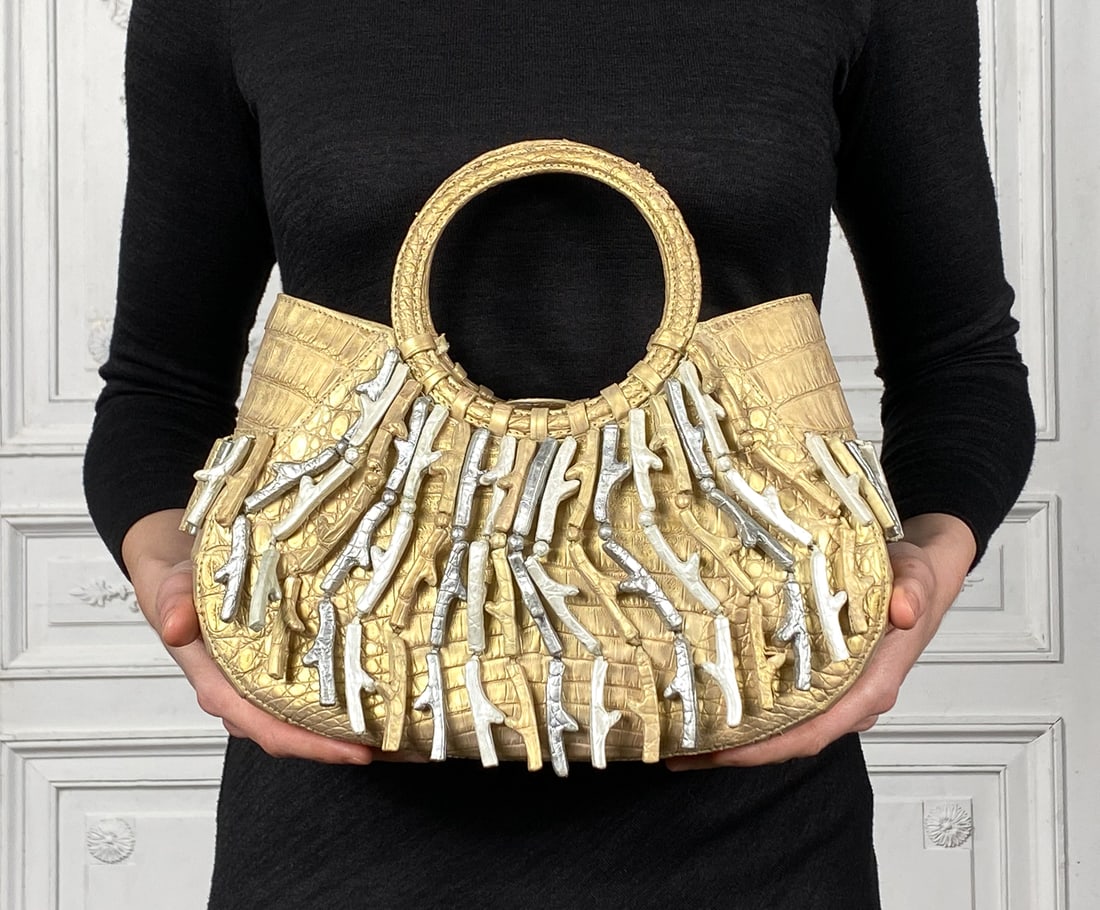Rare Exotic Nancy Gonzales Bag: Rare Exotic Nancy Gonzales Bag In Metallic Exotic Wrapped Coral Motif. Slight Scuffing To Feet At Bottom, Some Wear To Handle As Evident In Photos. Repair To One Handle And Loss Of One Wrap Loop Shown